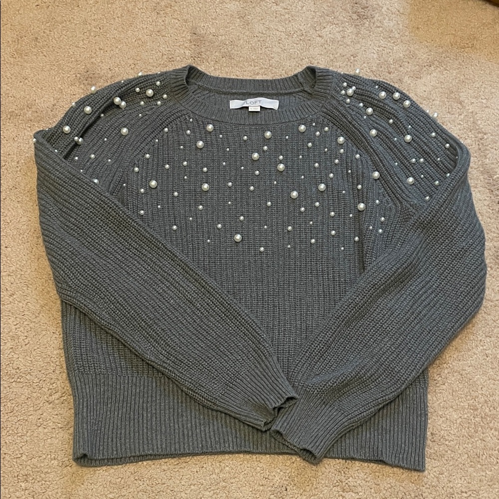 LOFT Gray Sweater with Pearl Embellishments